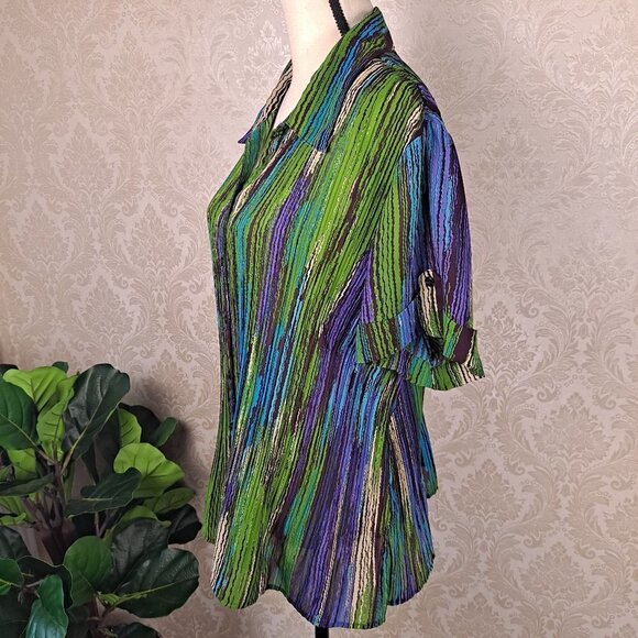 Avenue Size 18/20 Button Front Vertical Striped Sheer Peplum Blouse Short Sleeve - Picture 7 of 14